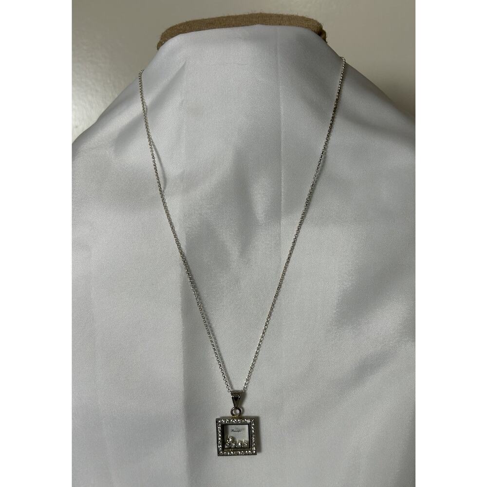 Cute Silver Tone Rhinestone Pendant On 925 Italy 24” Chain